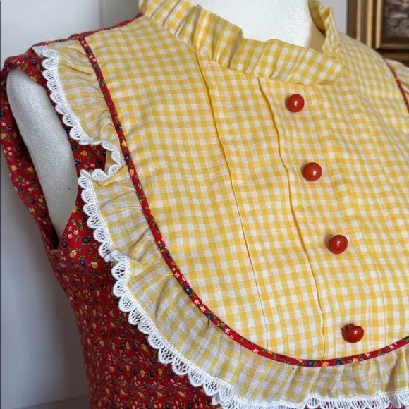 Lola Juniors 3 Vintage Ruffle Gingham Floral Red and Yellow Sleeveless Dress 70s - Picture 3 of 8